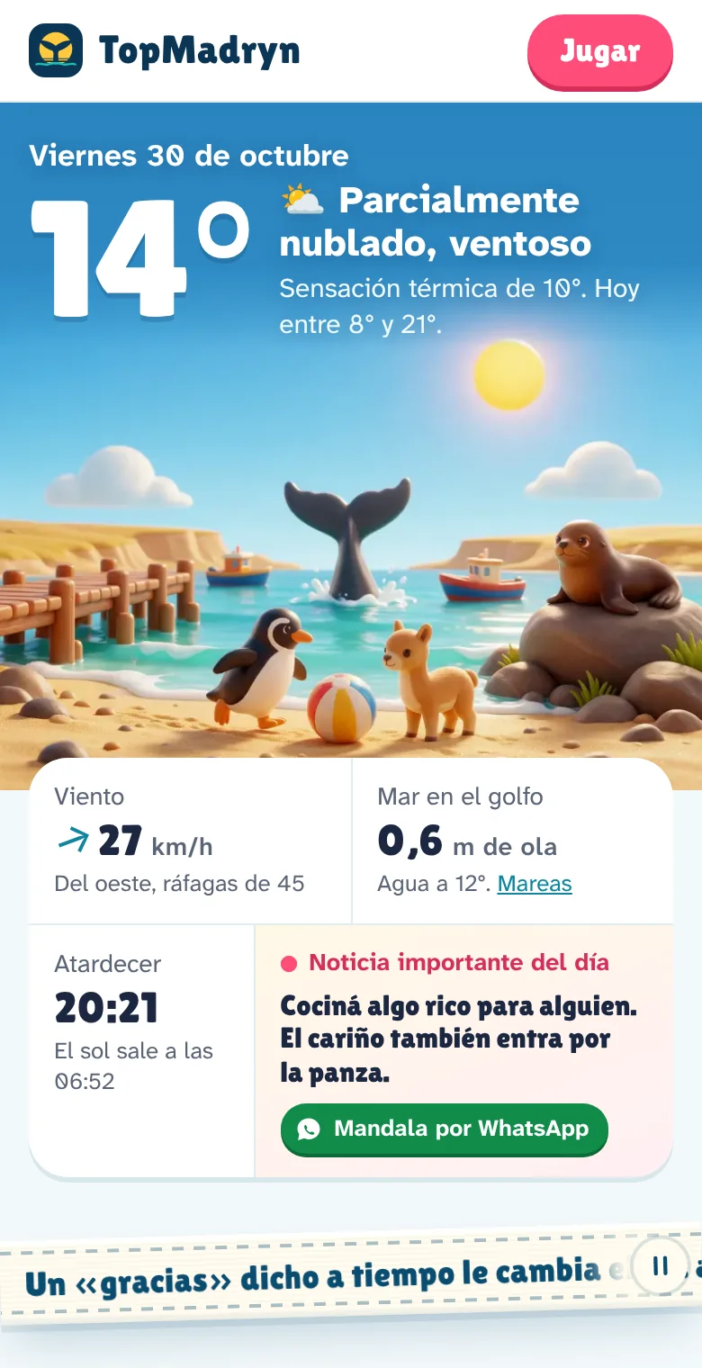 La portada de TopMadryn con el clima, el viento, el mar y la noticia linda del día